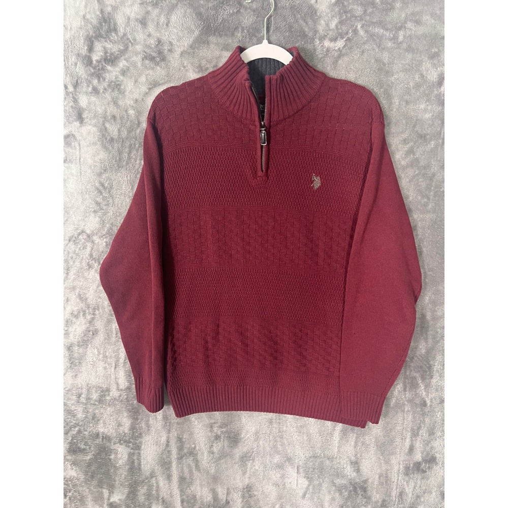 US Polo Assn Mens Medium Burgundy Textured Knit Quarter Zip Pullover Sweater